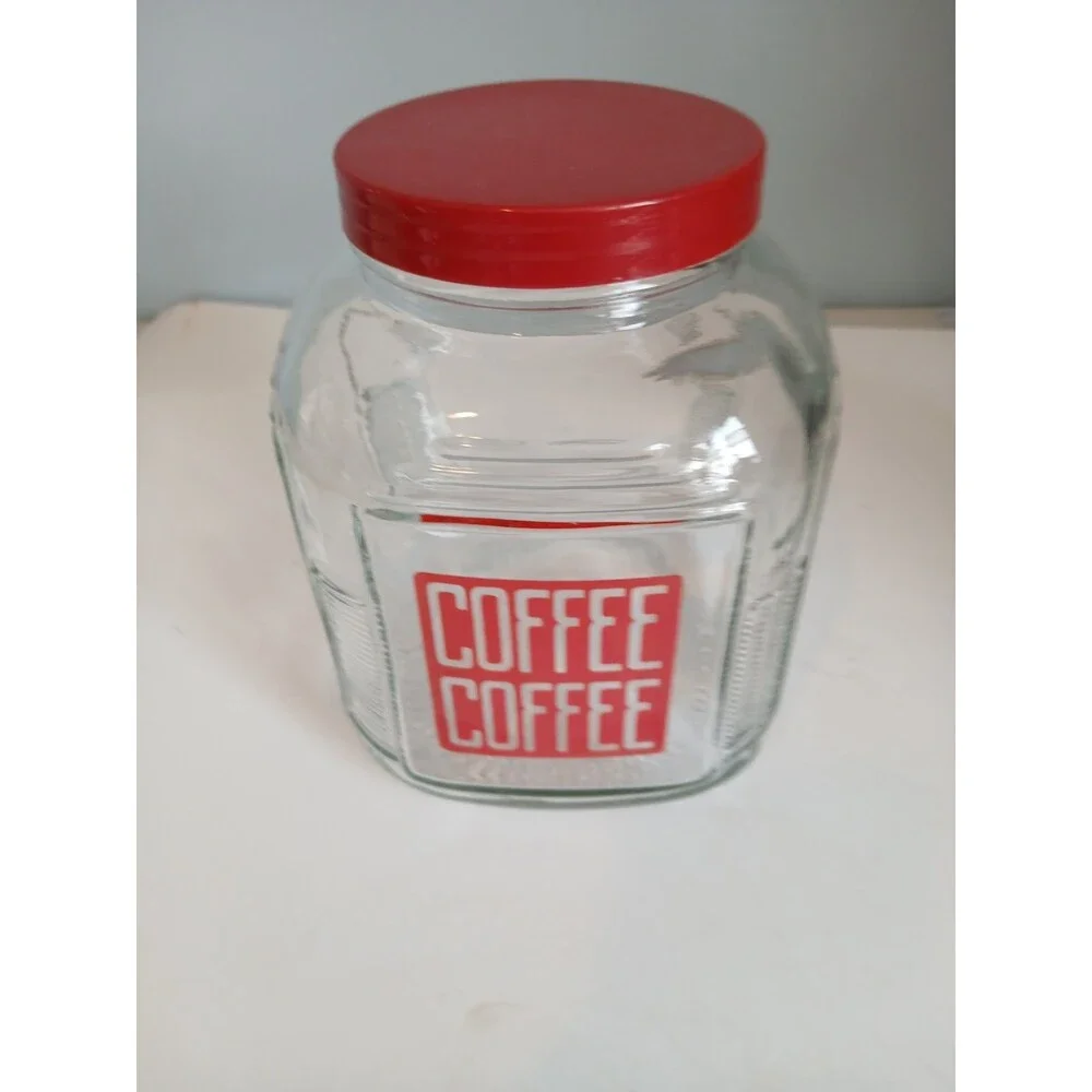 Vintage Hoosier Cabinet Glass Canister COFFEE Jar w/ Lid Red Letters